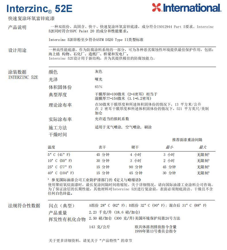 Interzinc 52E快速复涂环氧富锌底漆阿克苏