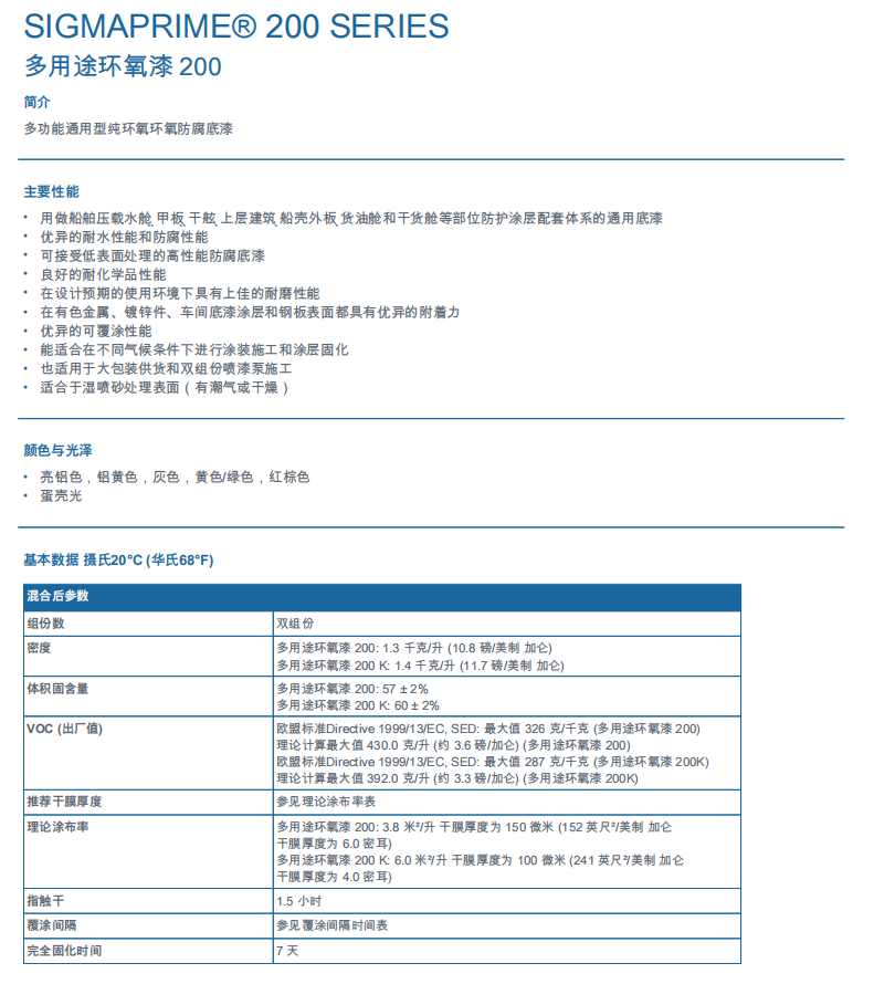 Sigmaprime 200多用途环氧漆PPG环氧漆