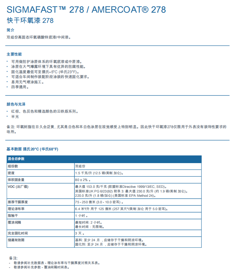 Sigmafast 278快干环氧漆(含磷酸锌)PPG油漆