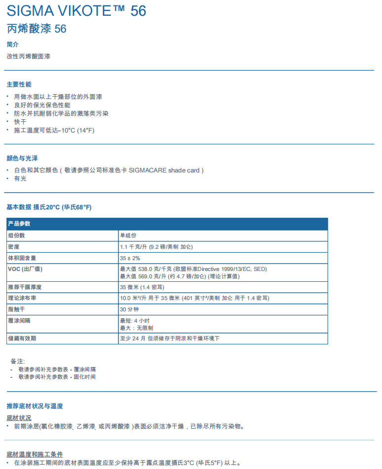 Sigma Vikote 56丙烯酸面漆ppg特种涂料油漆