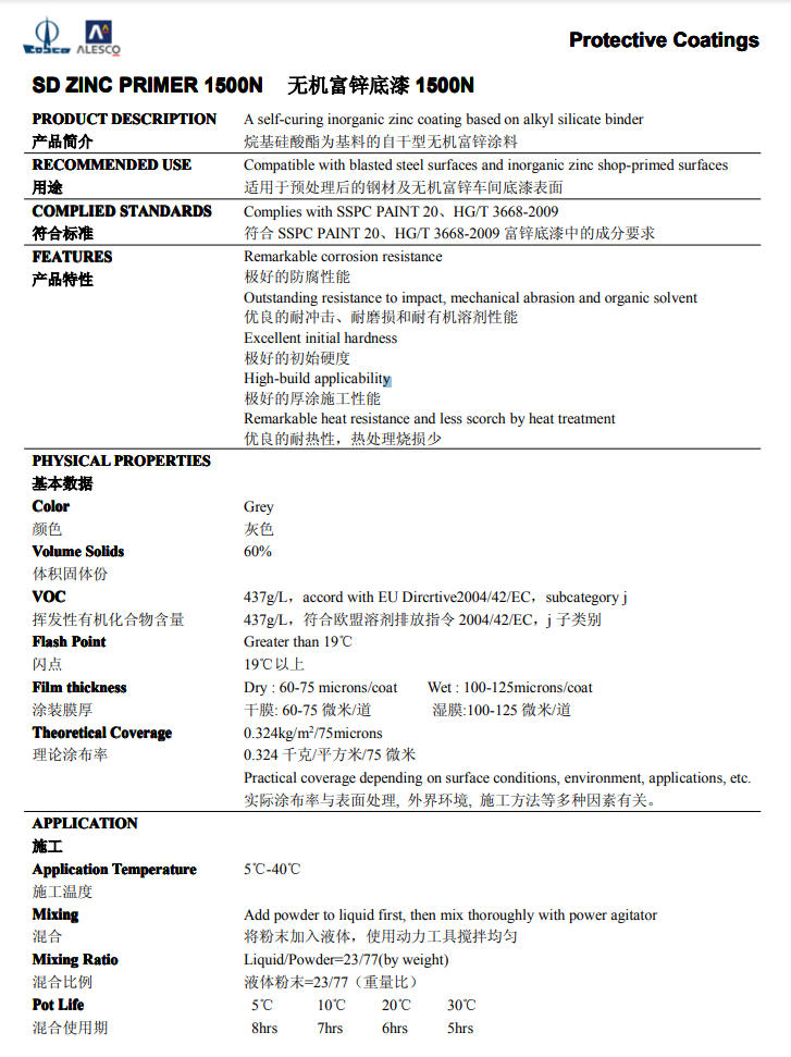 SD ZINC PRIMER 1500N无机富锌底漆中远关西涂料